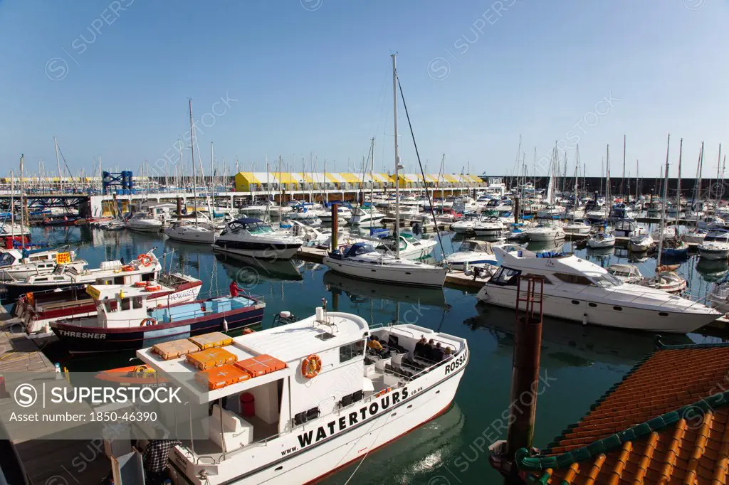 England, East Sussex, Brighton, view over boats moored in the Marina.