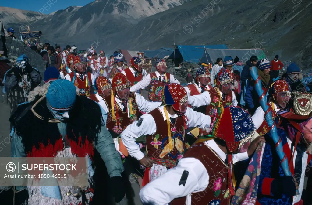 Peru, Cusco, Vilcanota Mountains, Ice Festival of Qoyllur Riti. Pre Columbian in origin but of Christian significance today with pilgrimage to place of Christs appearance. Procession of masked dancers.