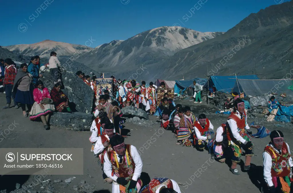 Peru, Cusco, Vilcanota Mountains, Ice Festival of Qoyllur Riti. Pre Columbian in origin but of Christian significance today with pilgrimage to place of Christs appearance after performing miracles locally.
