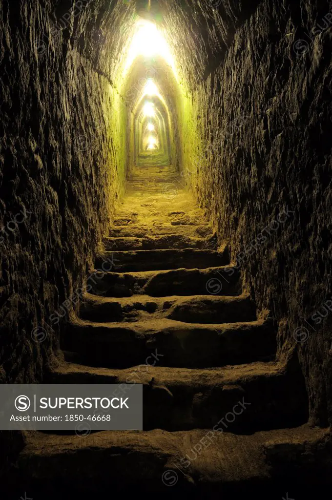 Mexico, Puebla, Cholula, Narrow exploratory tunnels within the pyramid of Cholula.