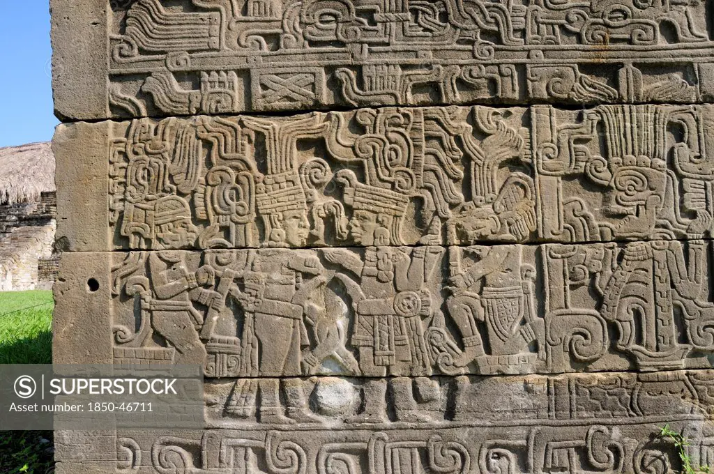 Mexico, Veracruz, Papantla, El Tajin archaeological site Relief carvings on wall of Juegos de Pelota Sur.