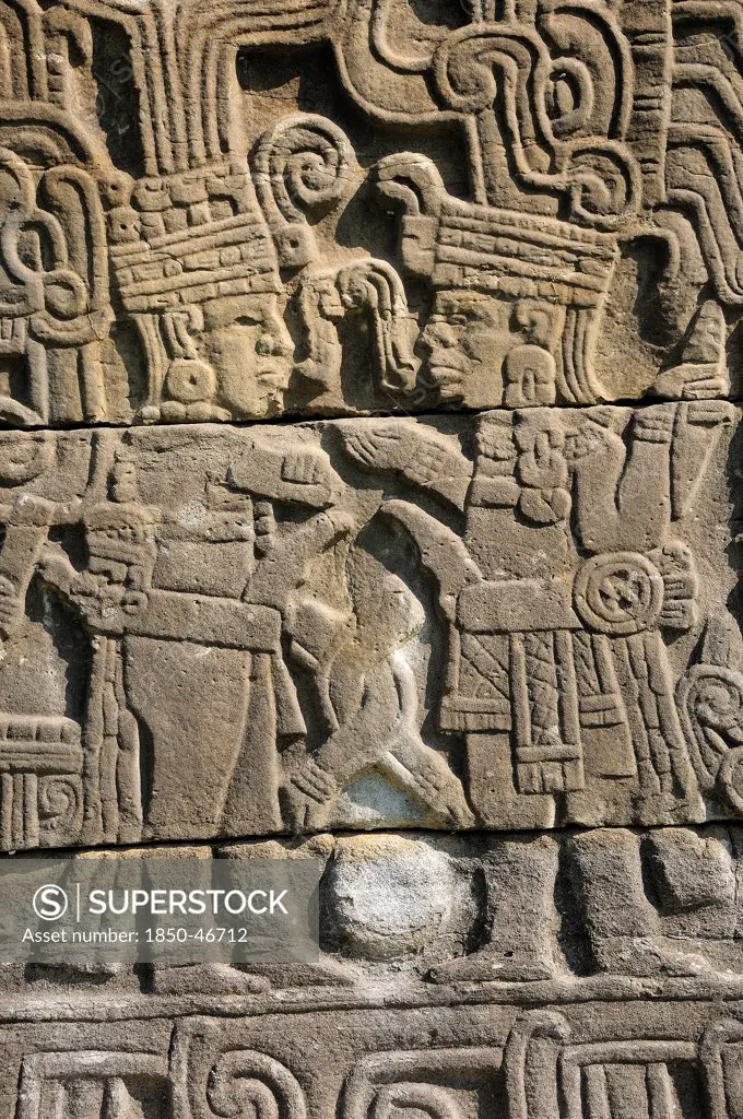 Mexico, Veracruz, Papantla, El Tajin archaeological site Relief carvings on wall of Juegos de Pelota Sur.