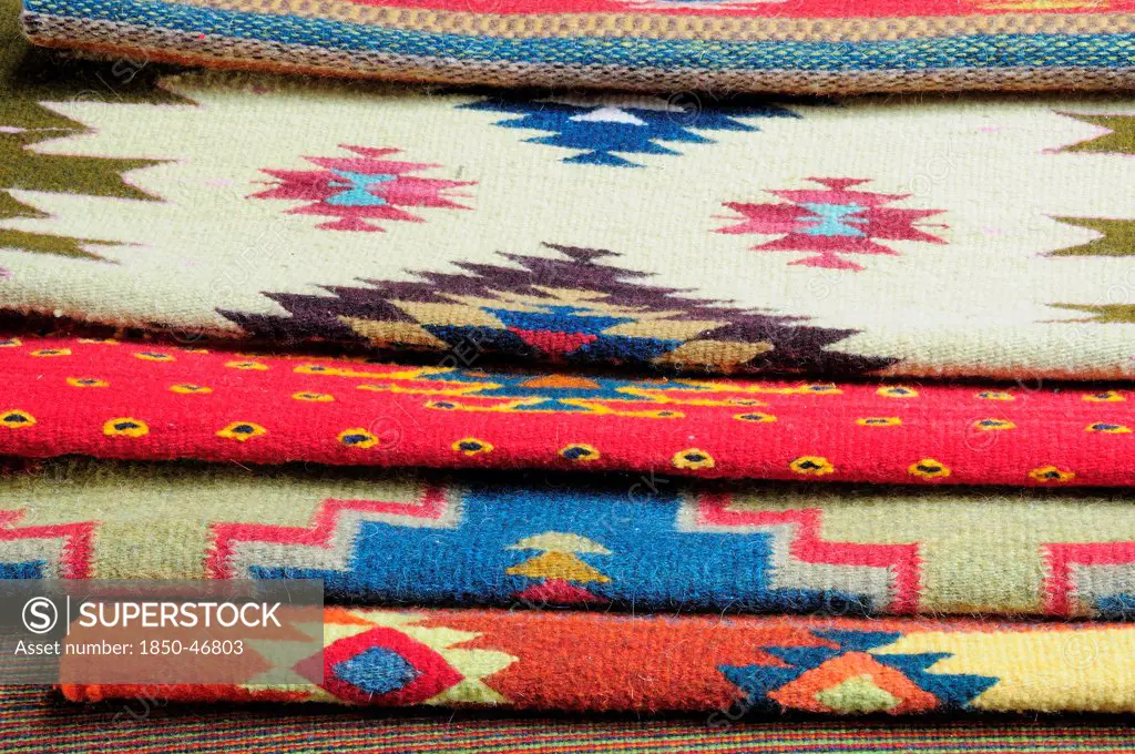 Mexico, Oaxaca, Detail of weavings and carpets by Tomas and Arnulfo Mendoza.