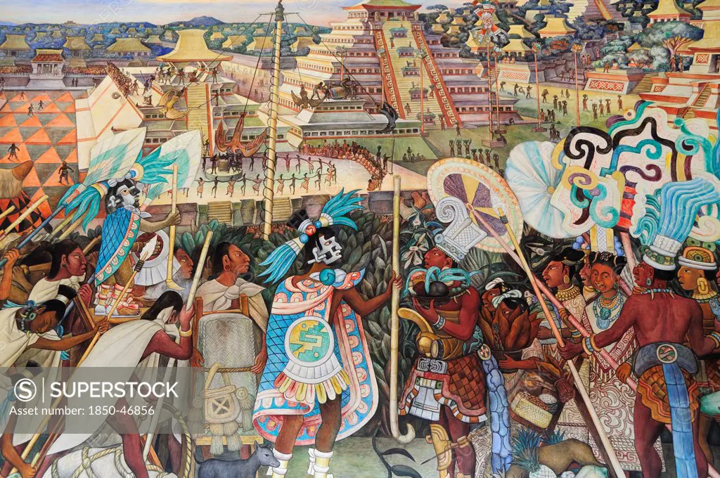 Mexico, Federal District, Mexico City, Mural by Diego Rivera depicting life before the Conquest in the Palacio National.