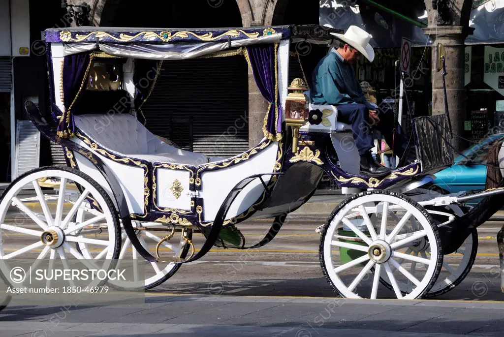 Mexico, Jalisco, Guadalajara, Horse drawn carriage or calandrias and driver in the Plaza de Armas.