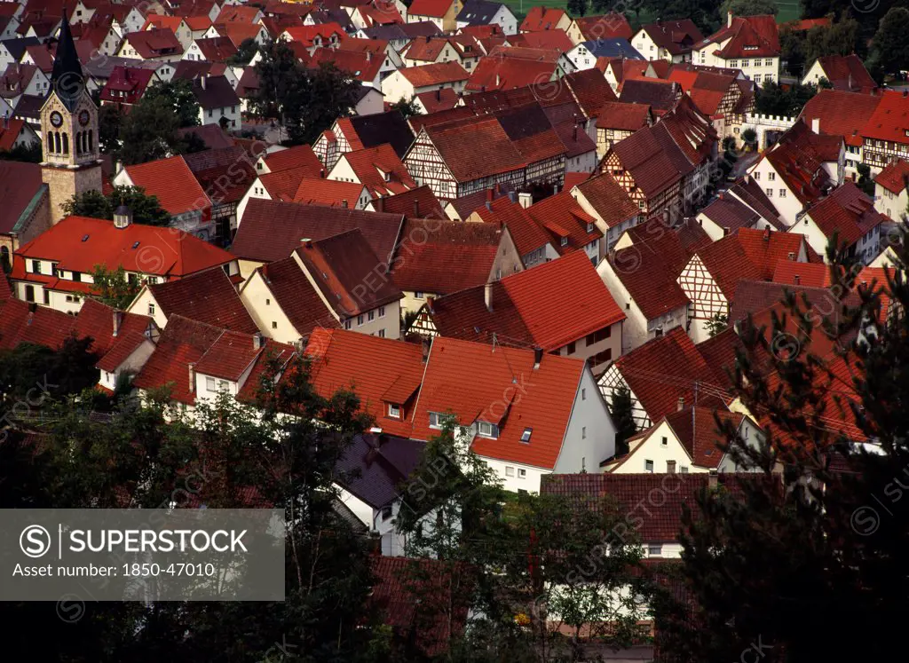 Germany, Baden-Wurttemberg, Fridingen Ander Donau, Red tile rooftops and white painted houses of village near Tuttlingen.