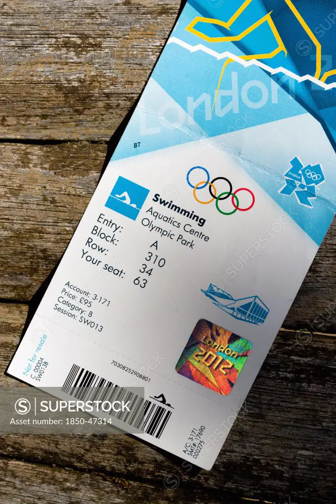 England, London, Official ticket for a Swimming session in the Aquatic Centre in the Olympic Park.
