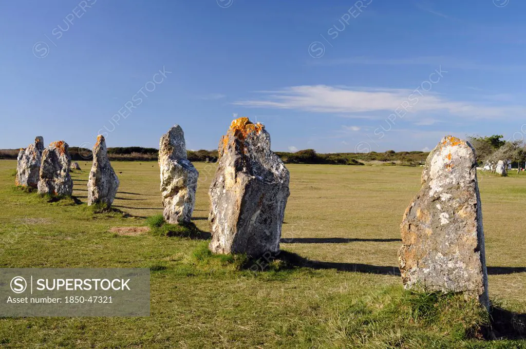France, Brittany, Lagatjar, Alignment de Lagatjar standing stones near Cameret-sur-Mer.