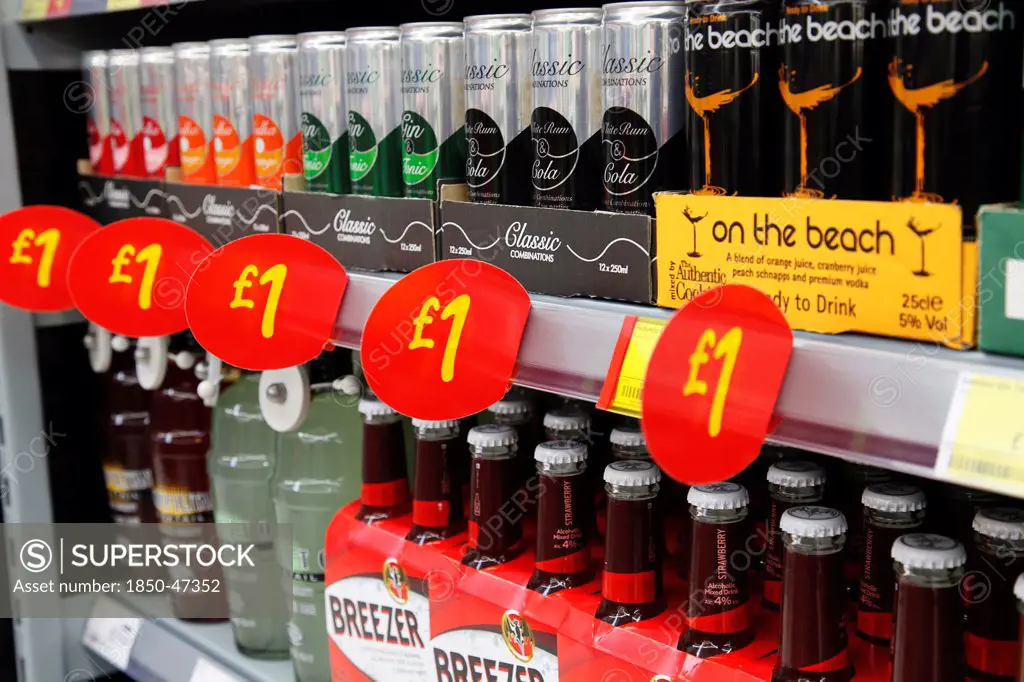 Shopping, Supermarket, Drinks, Cheap Alocholic drinks on sale for one pound.