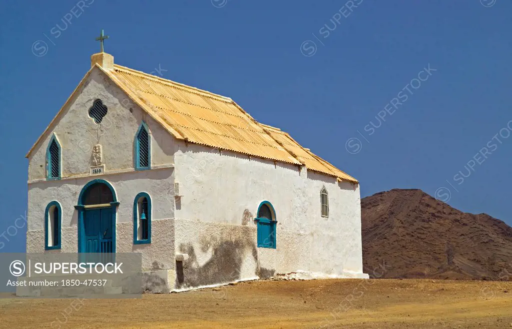 Cape Verde Islands, Sal Island, Pedra Lume, Isolated village Church with tin roof.