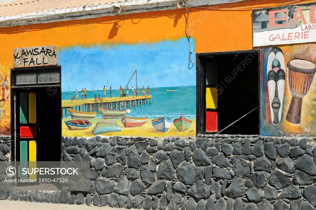 Cape Verde Islands, Sal Island, Santa Maria, Mural painted in the wall of Kawsara Fall cafe.
