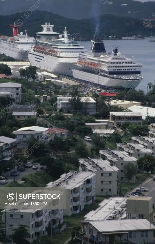 West Indies, Us Virgin Islands, St Thomas, View Over The Harbour With Moored Cruise Liner.