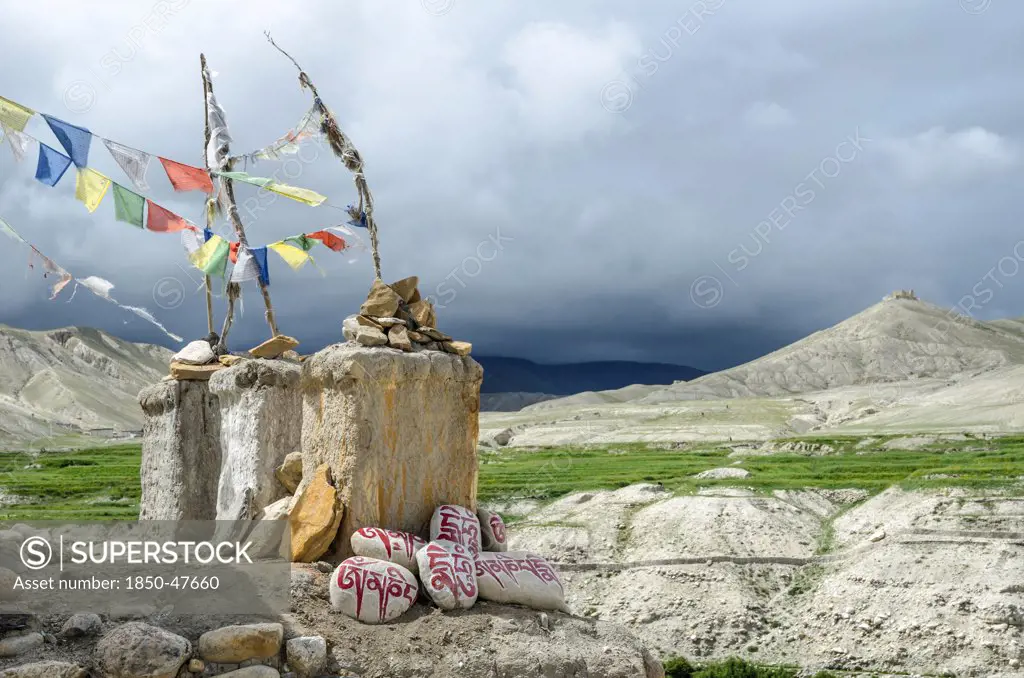 Nepal, Upper Mustang, Lo Manthang, Chortens and the distant ancient ruins at Lo Manthang.
