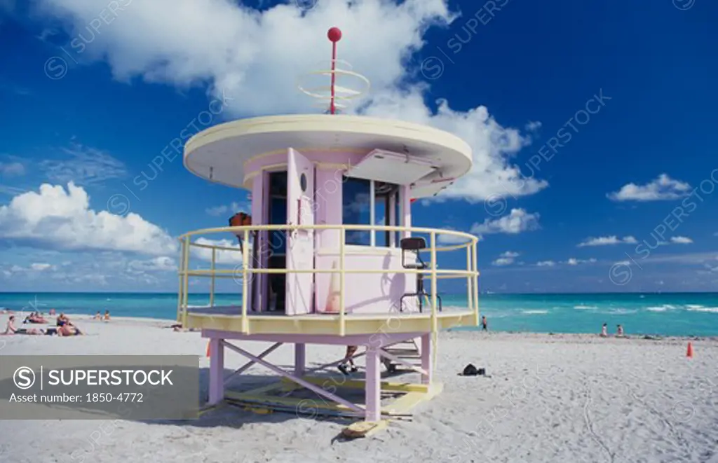 Usa, Florida, Miami Beach, Lifeguard Station On Sandy Beach