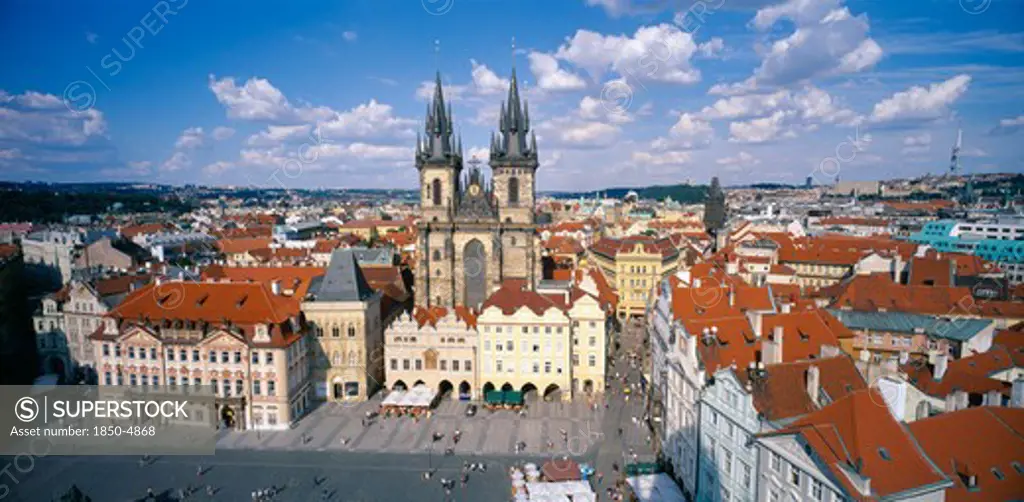 Czech Republic, Stredocesky, Prague, View Over City Including Tyn Church And Old Town Square In The Foreground.