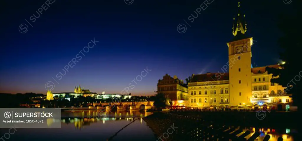 Czech Republic, Stredocesky, Prague, View Across River Vltava To City At Night