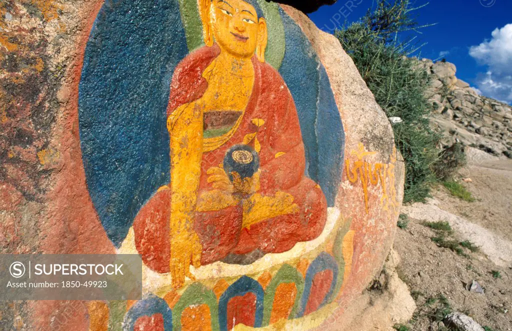 China, Tibet, Lhasa, Rock painting outside Sera Monastery.
