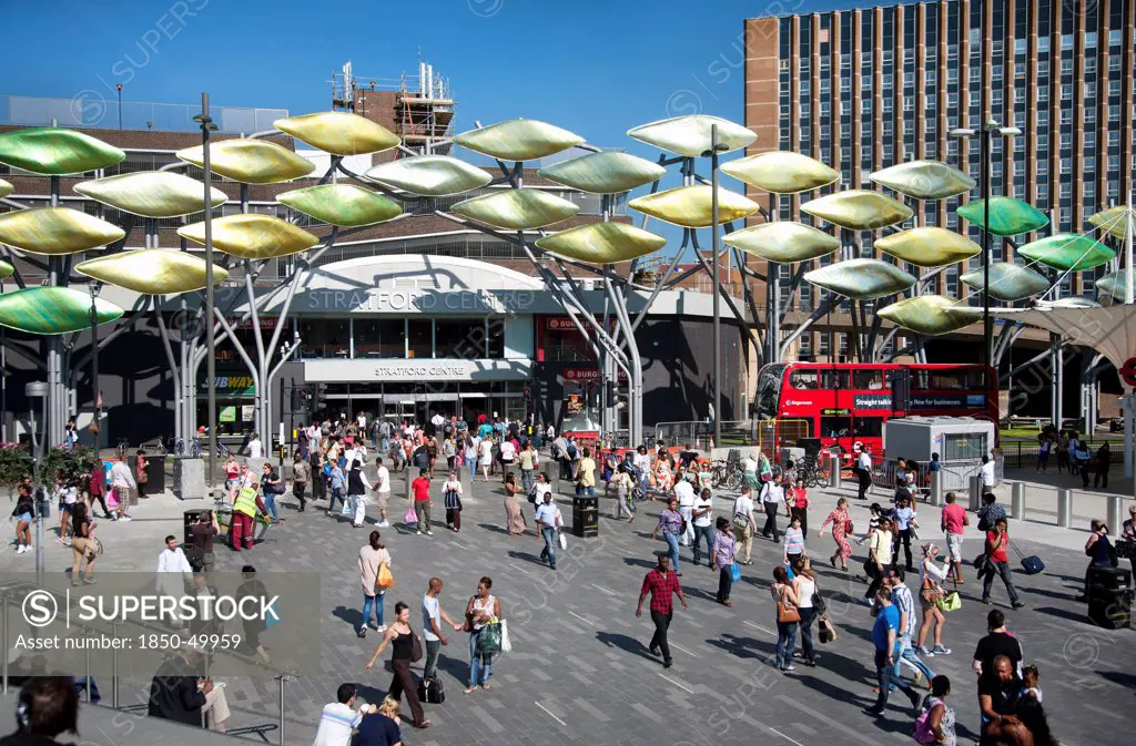 England, London, View of Stratford Shopping Centre showing the Stratford Shoal sculpture.