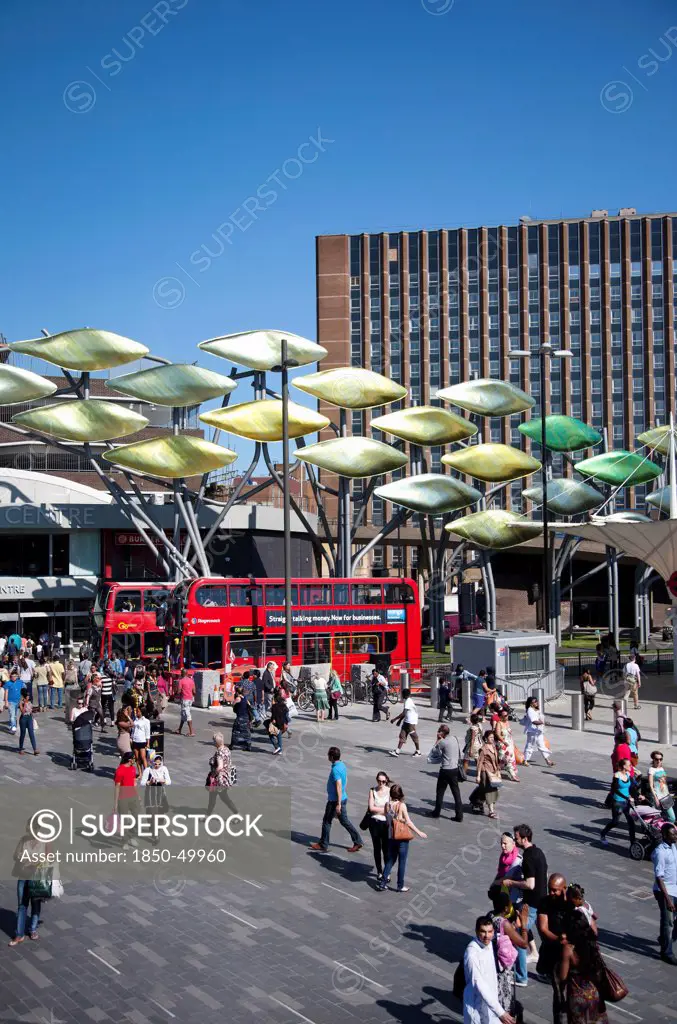 England, London, The Stratford Shoal sculpture in front of Stratford Shopping Centre.
