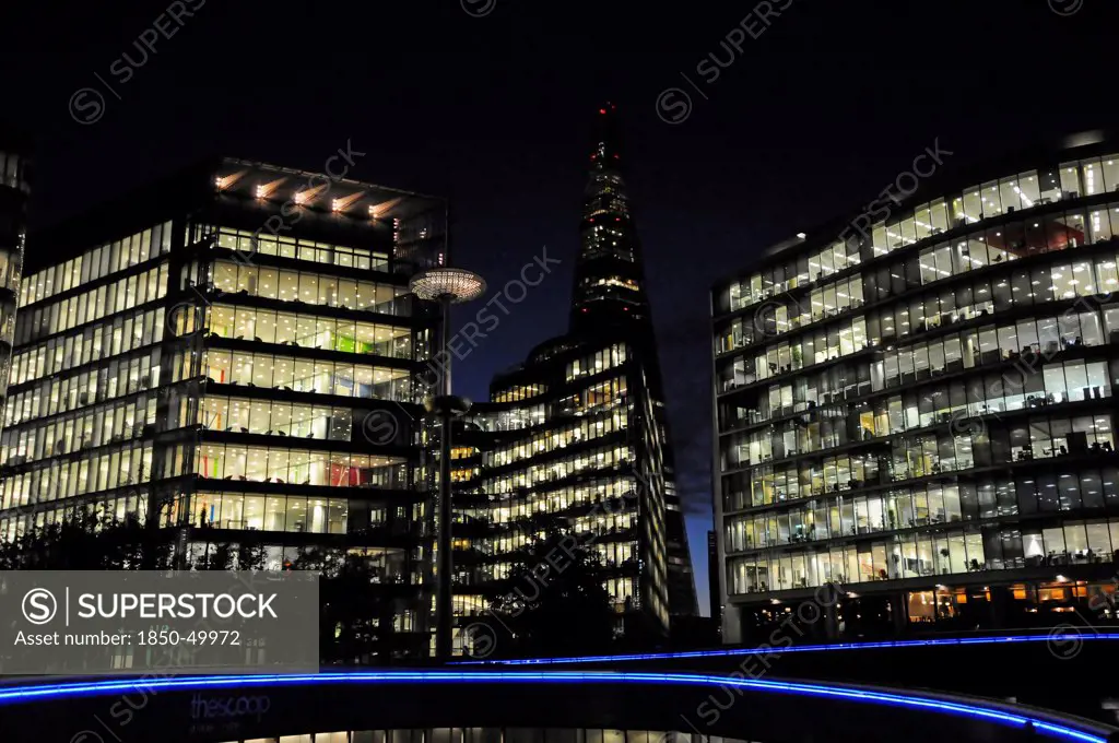 England, London, Southwark The Shard and offices at night.