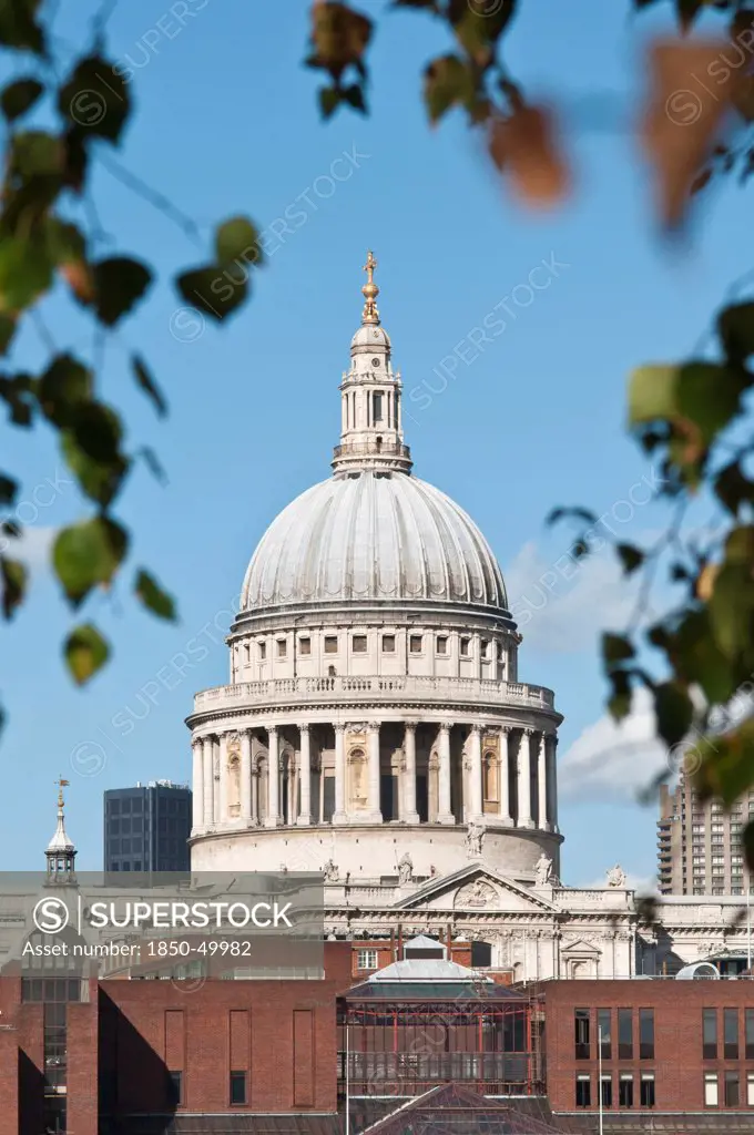 England, London, The dome of Sir Christopher Wrens St Pauls cathedral in the city.