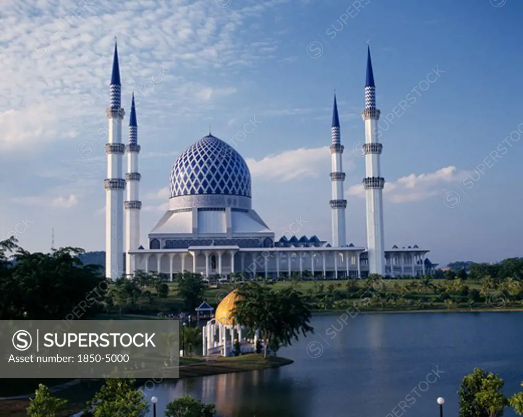 Malaysia, Selangor, Shah Alam, 'Mosque,Four Slender Towers,Central Blue Dome,Yellow Lakeside Dome '