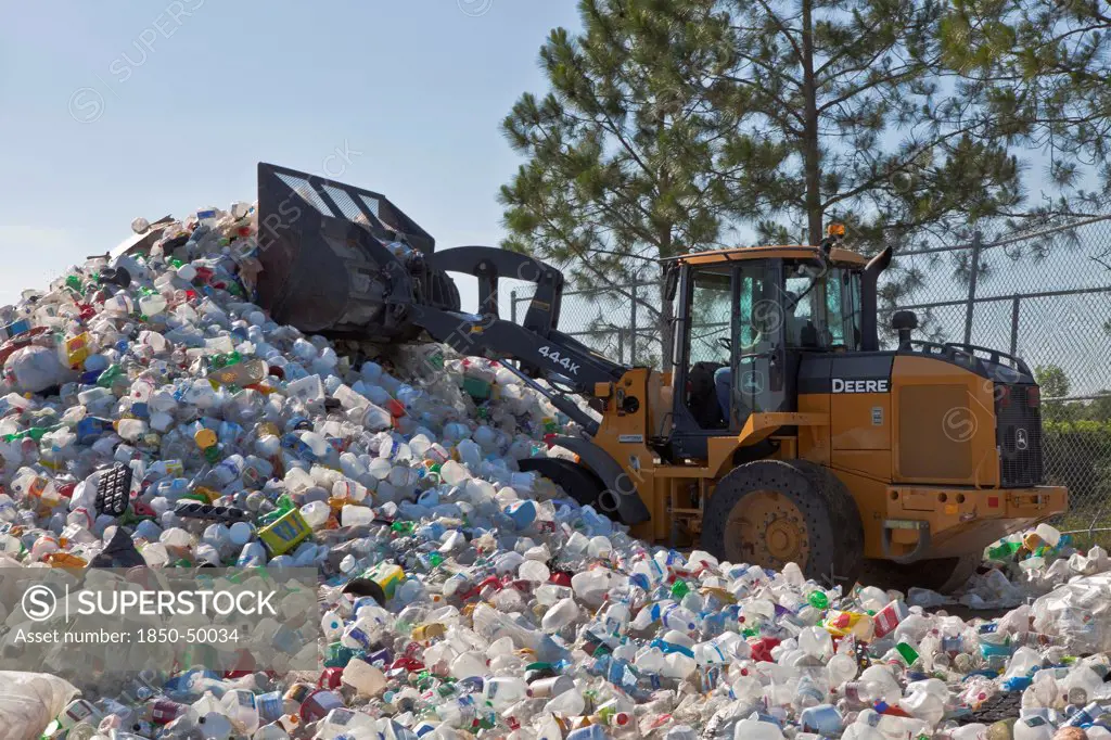 USA, Florida, Recycling, Pile of Plastic Bottles being Recycled.