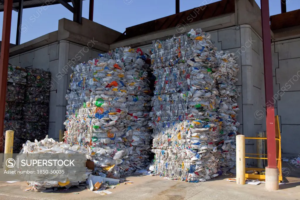 USA, Florida, Recycling, Bundle of plastic bottles for recycling at the country dump.