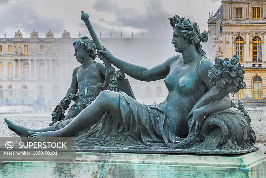 France, Ile de France, Paris, Versailles Palace La Marne River statue Parterre dEau.