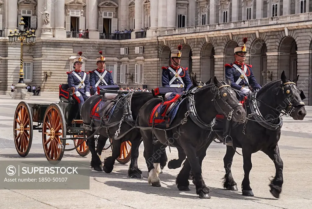 Spain, Madrid, Palacio Real Royal Palace Guards on parade.