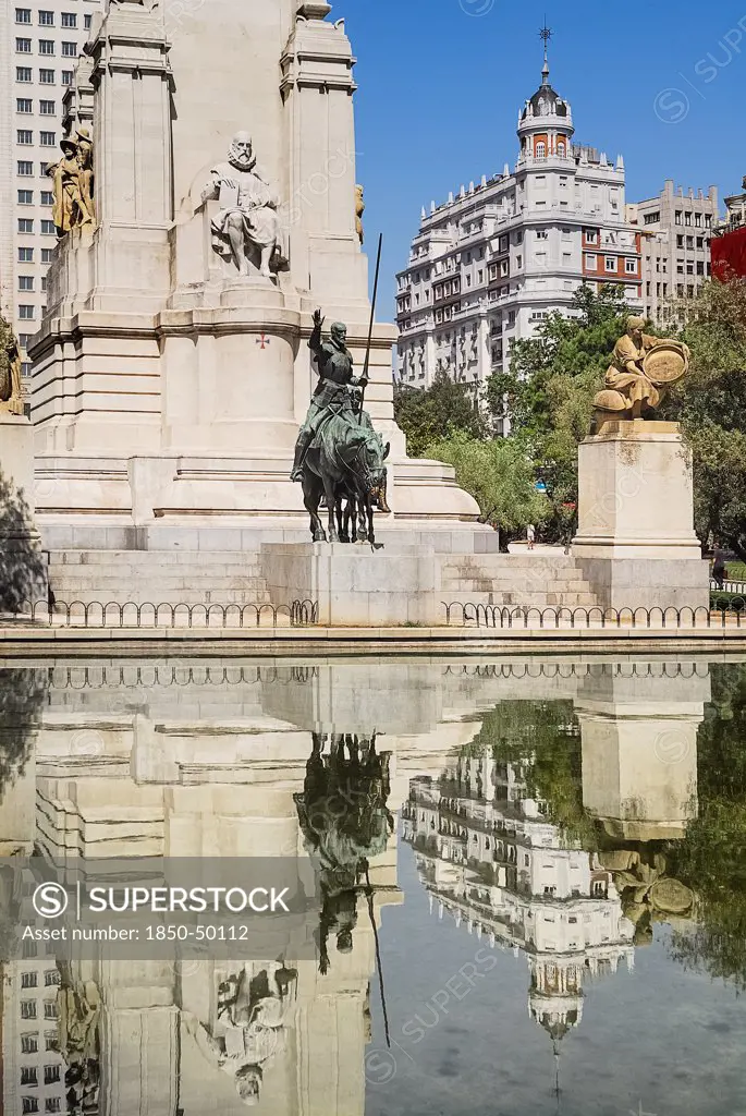 Spain, Madrid, Plaza de Espana statues of Cervantes Don Quixote and Sancho Panza