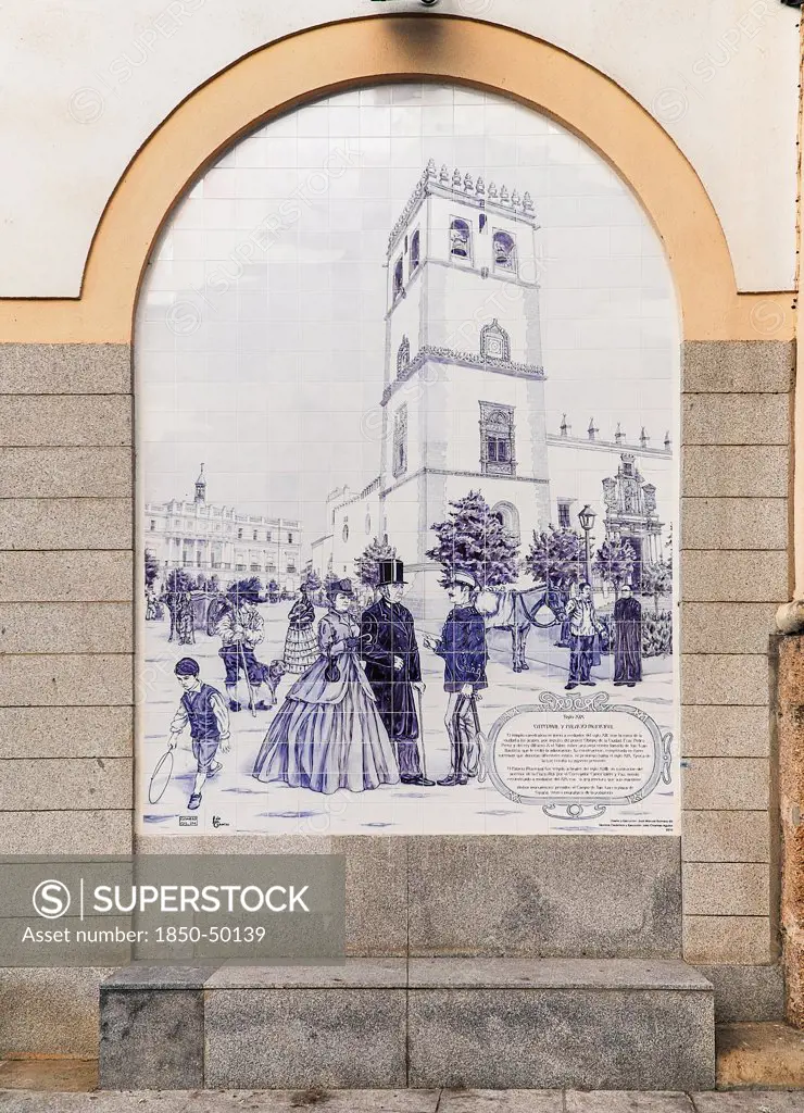 Spain, Extremadura, Badajoz, Tiled arches on building in Paseo de San Francisco showing Alcazaba and Puerta de Palmas.