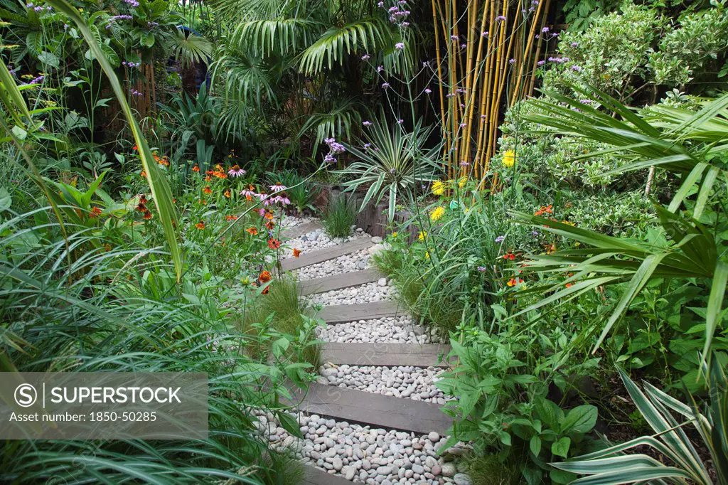 Plants, Garden, Urban garden with pebble path and railway sleepers.