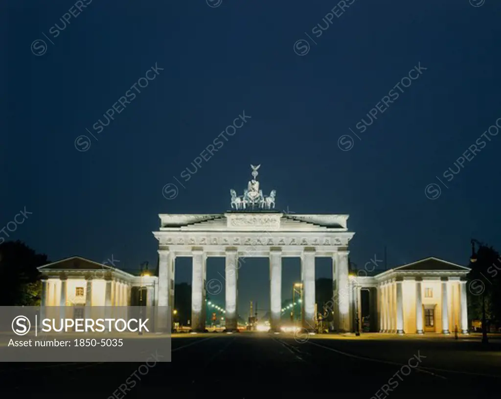 Germany, Berlin State, Berlin, Brandenburg Gate Floodlit At Night Seen From The Front