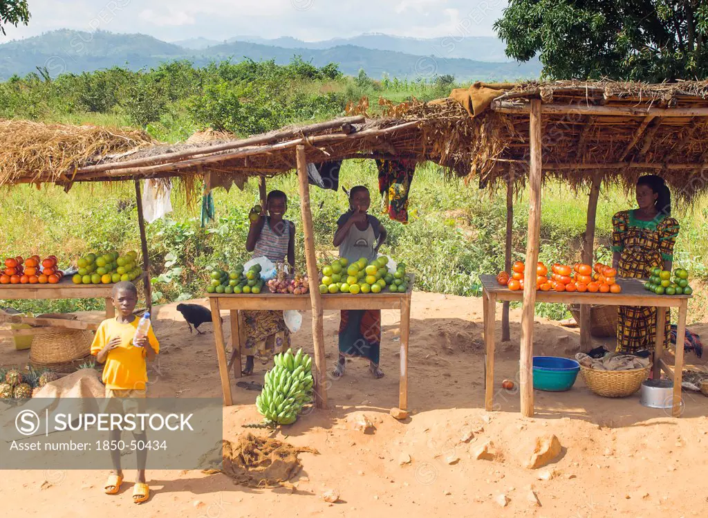 Burundi, Cibitoke Province, Buganda, Market stall selling vegetables beside the road.