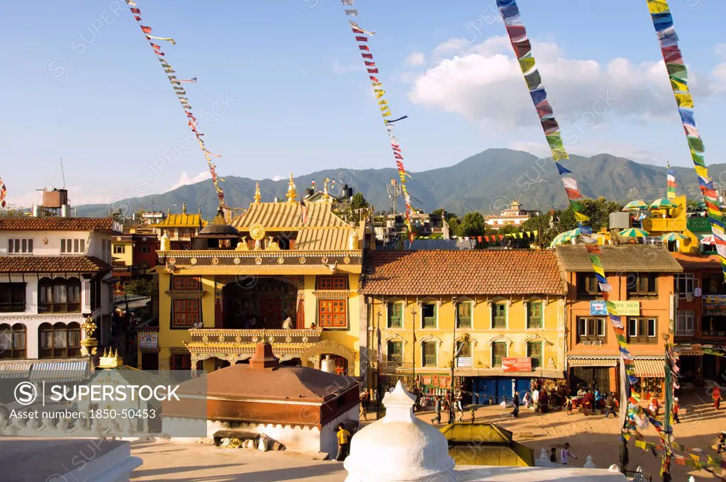 Nepal, Kathmandu, The streets beside Bodnath Tibetan Buddhist Temple.