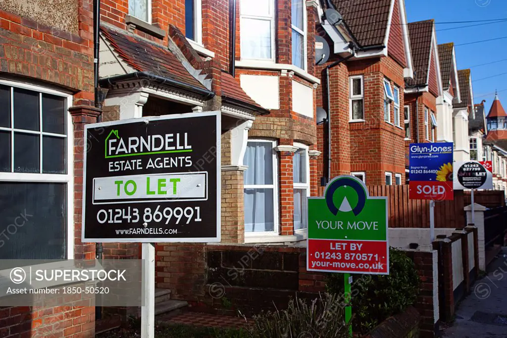 England, West Sussex, Bognor Regis, To Let signs outside houses and flats.