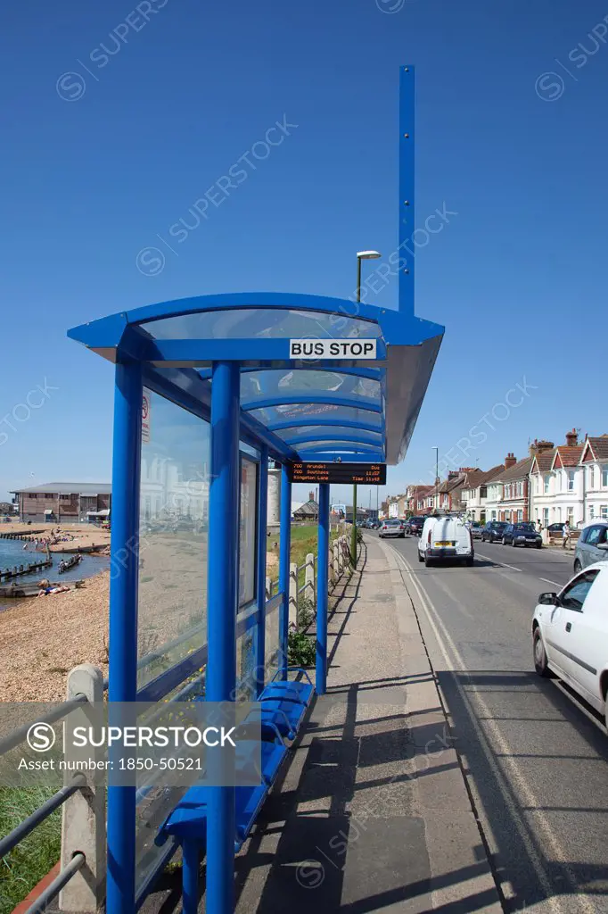 Transport, Road, Bus, England West Sussex Shoreham-by-Sea Modern digital display bus shelter.