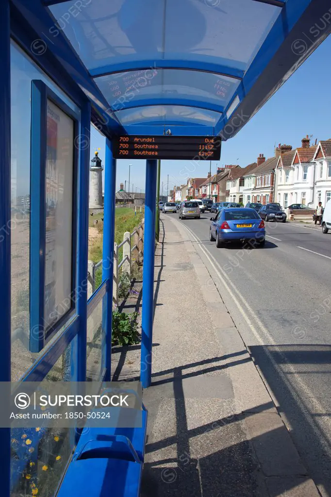 Transport, Road, Bus, England West Sussex Shoreham-by-Sea Modern digital display bus shelter.
