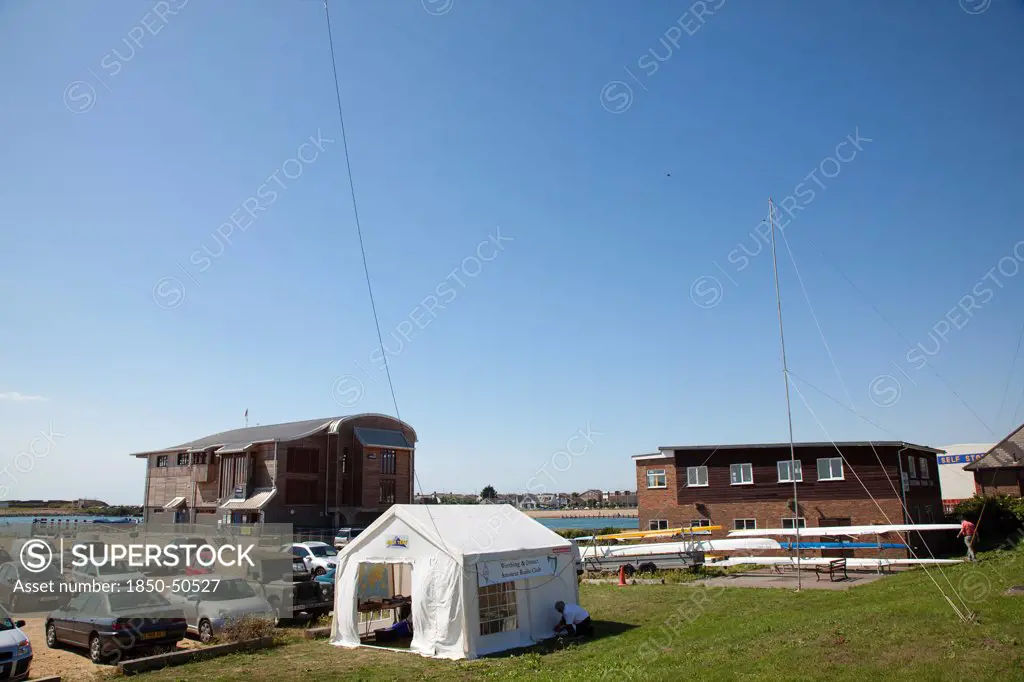 Leisure, Amateur, Radio, England West Sussex Shoreham-by-Sea Ham Radio tent set up in the grounds of the RNLI station.
