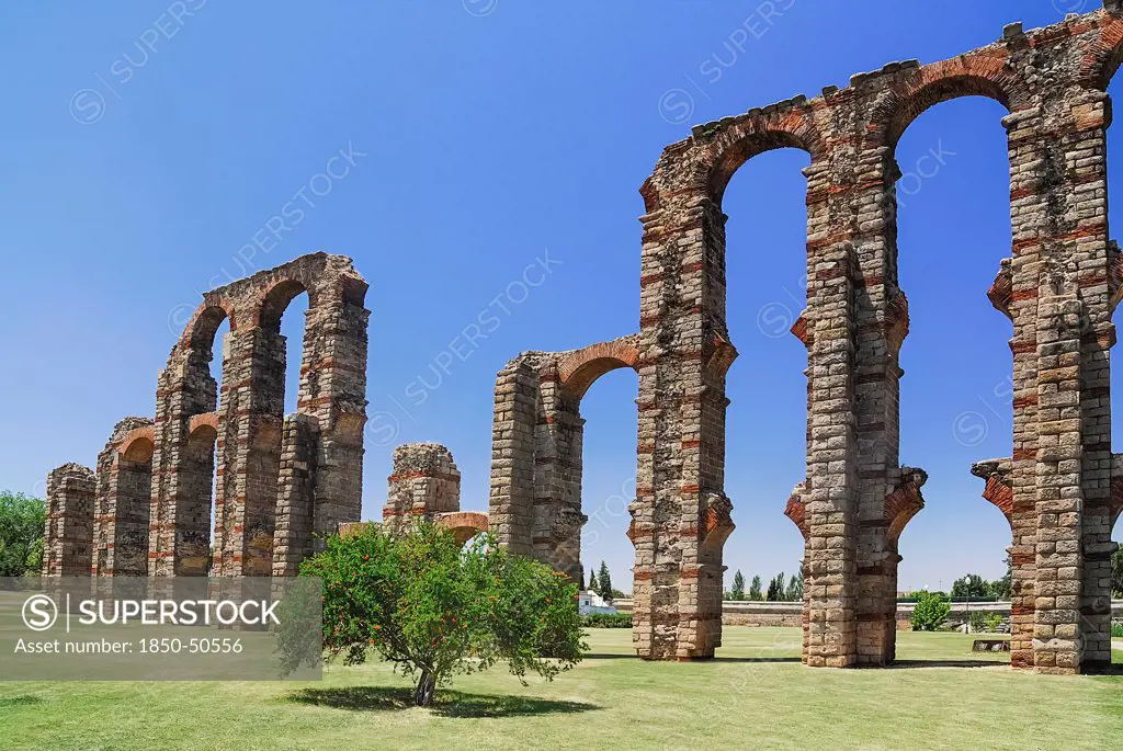 Spain, Extremadura, Merida, Los Milagros Aqueduct built by the Romans in the first century BC.