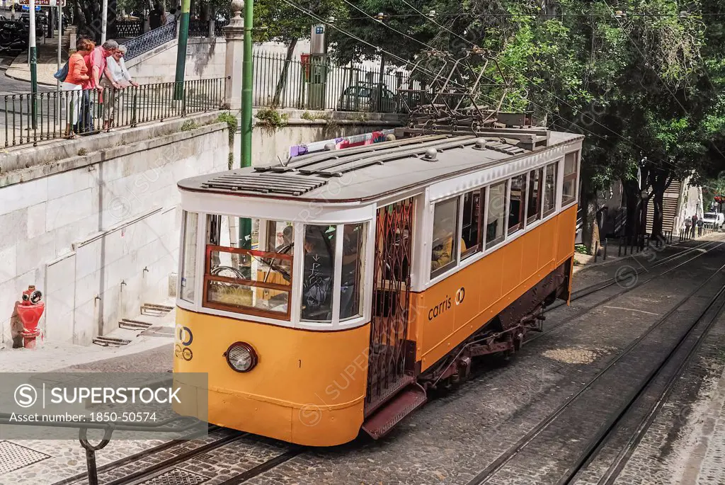 Portugal, Estremadura, Lisbon, Elevador da Gloria the Gloria Funicular tram.