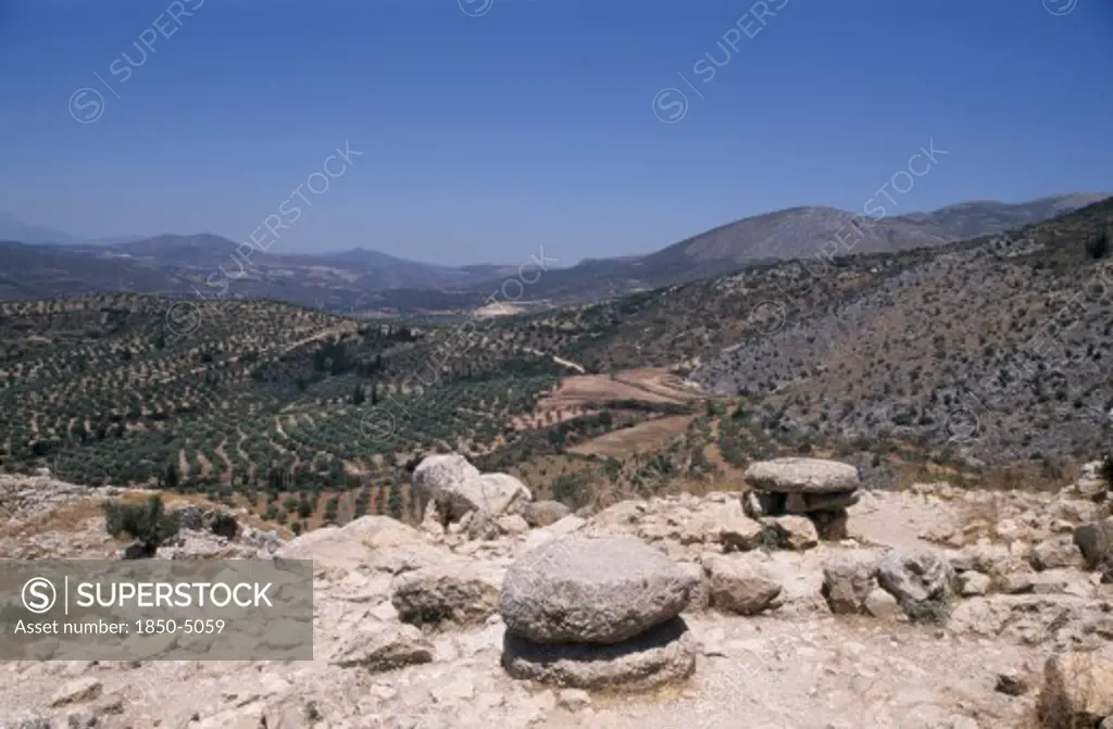 Greece, Peloponesse, Mycenae, View Over Countryside From Royal Palace Ruins
