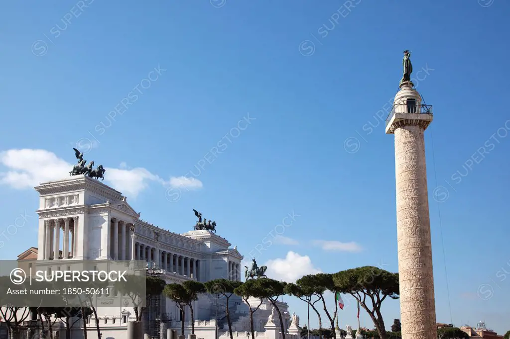 Italy, Lazio, Rome, Victor Emmanuel II monument with Trajans Column in the foreground.