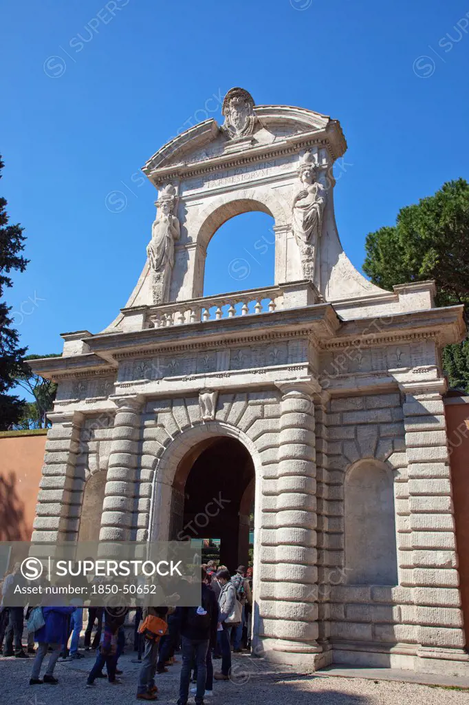 Italy, Lazio, Rome, Entrance to Horti Farnesiani originally the Domus Tiberiana one of the oldest botanical gardens in Europe.