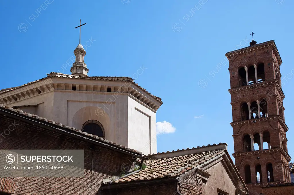 Italy, Lazio, Rome, Church roof with bell tower.
