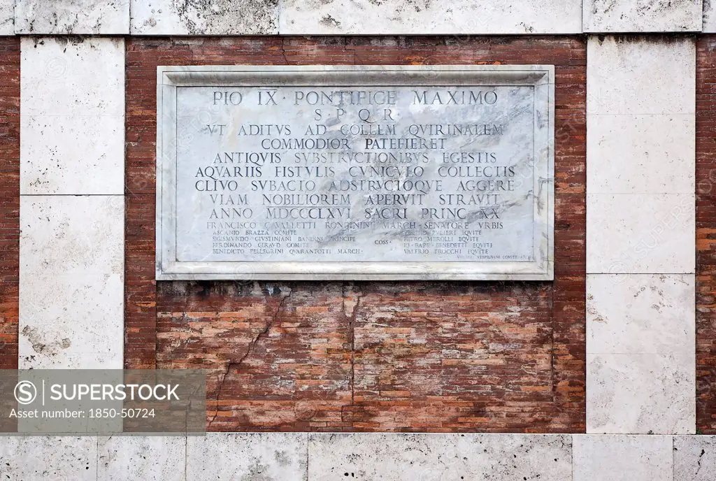 Italy, Lazio, Rome, Marble plaque in the walls beneath Piazza del Quirinale.