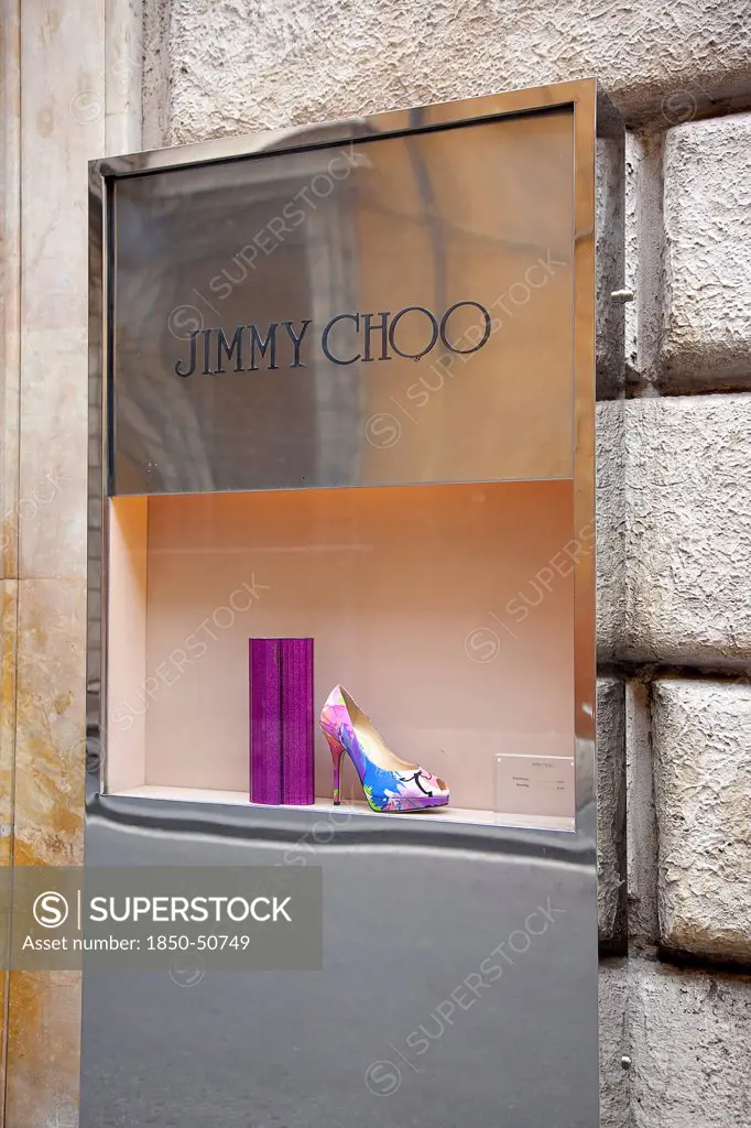 Italy, Lazio, Rome, Via del Condotti Jimmy Choos display window with shoe and handbag