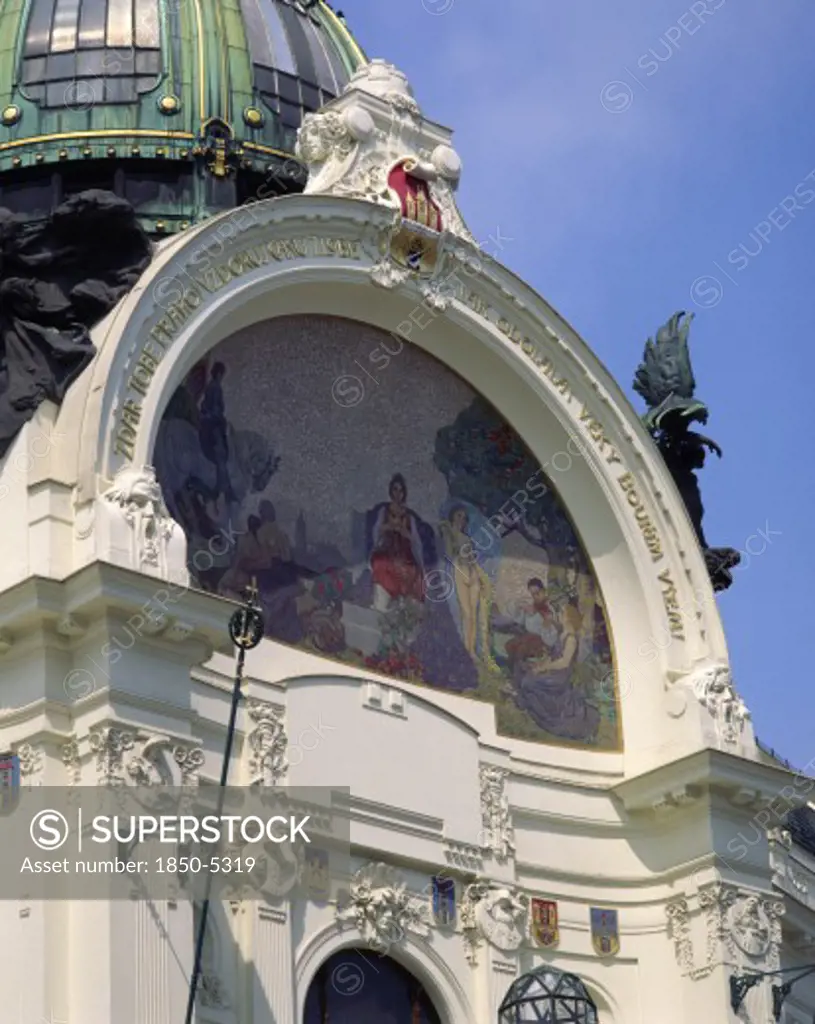 Czech Republic, Stredocesky , Prague, Municipal House.  Detail Of Domed Roof And Art Nouveau Painting And Architecture.