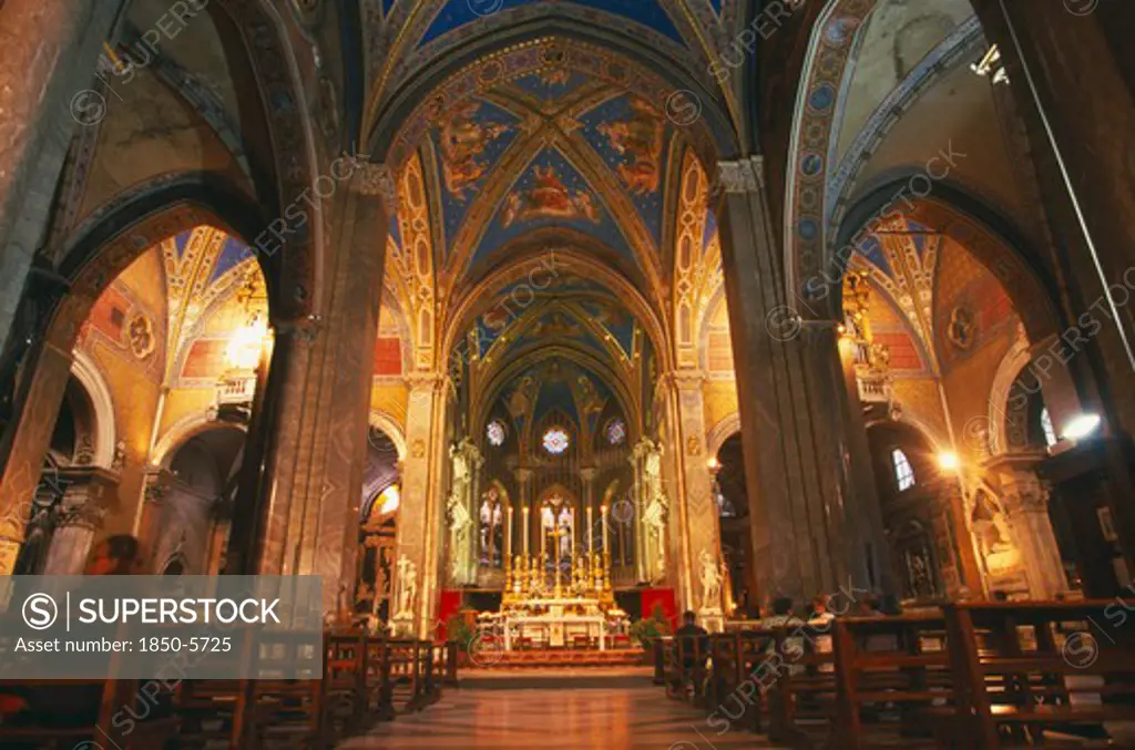 Italy, Lazio, Rome, 'Santa Maria Sopra Minerva, 13Th Century Gothic Church.  Interior View Of Vaulted Nave.  '